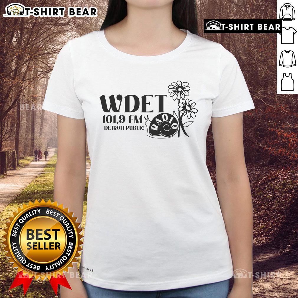 Alt Text: Pretty WDET 101.9 FM Detroit Public Radio ladies tee, featuring a stylish design and vibrant colors for radio fans.