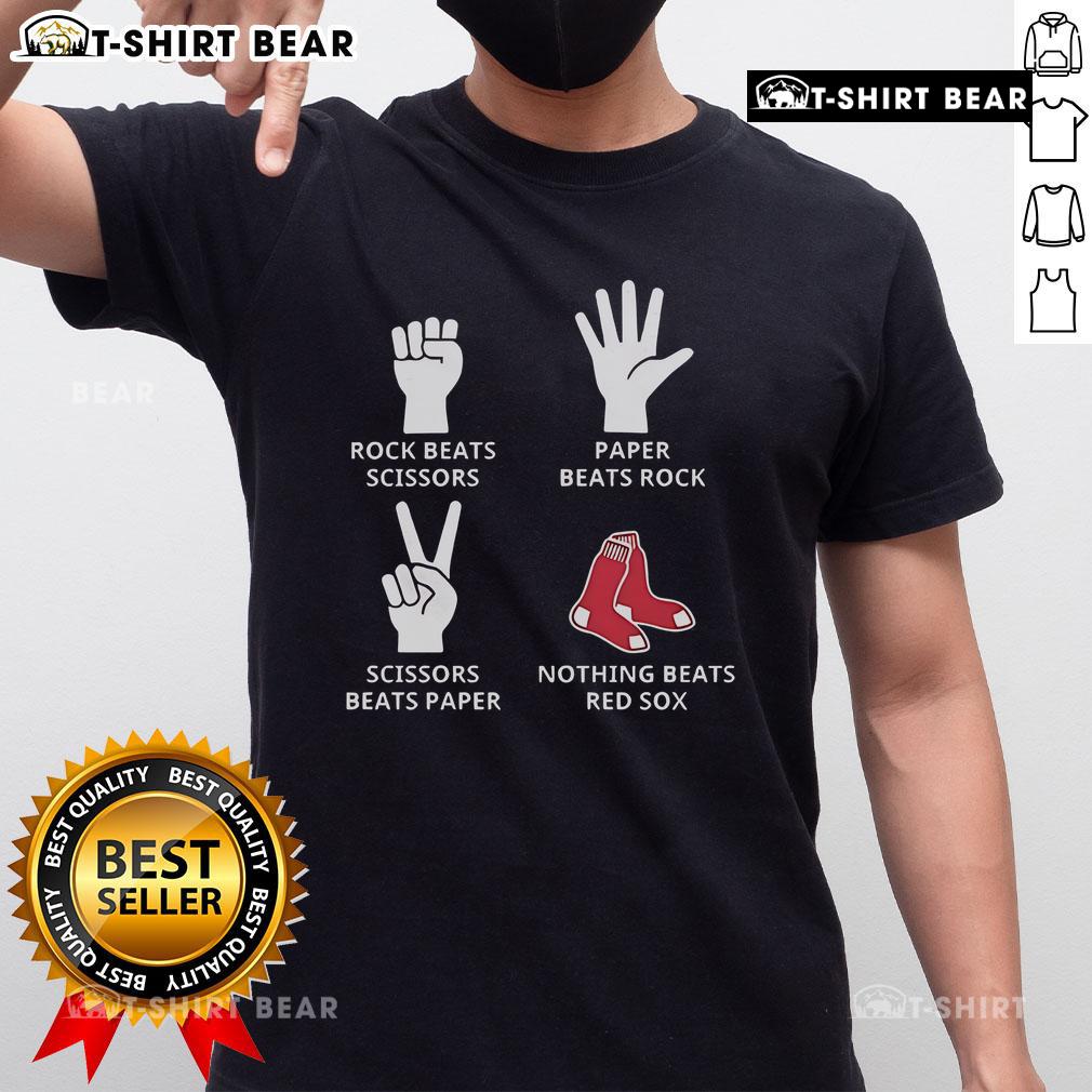 Top Boston Red Sox t-shirt featuring 'Rock Beats Scissors, Paper Beats Rock, Scissors Beats Paper' design.