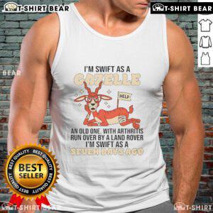 Cartoon of a goat saying 'I'm swift as a gazelle' while humorously depicted with arthritis, run over by a Land Rover tank top.