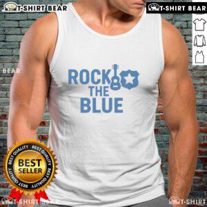 Top guitar and badge on a rock-themed blue tank top, perfect for music lovers and festival enthusiasts.