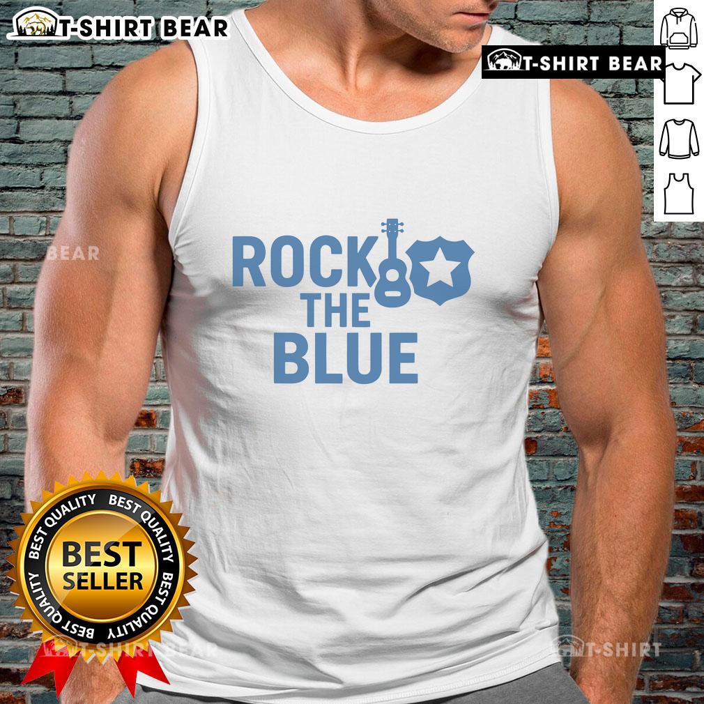Top guitar and badge on a rock-themed blue tank top, perfect for music lovers and festival enthusiasts.
