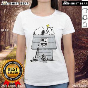Top Los Angeles Kings NHL Hockey Snoopy Woodstock House Ladies Tee featuring vibrant graphics and comfortable fit.