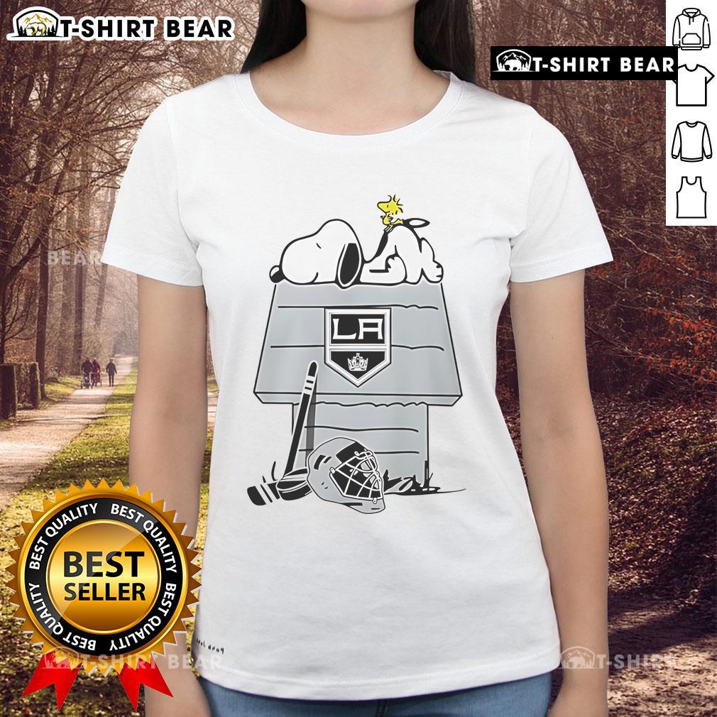 Top Los Angeles Kings NHL Hockey Snoopy Woodstock House Ladies Tee featuring vibrant graphics and comfortable fit.