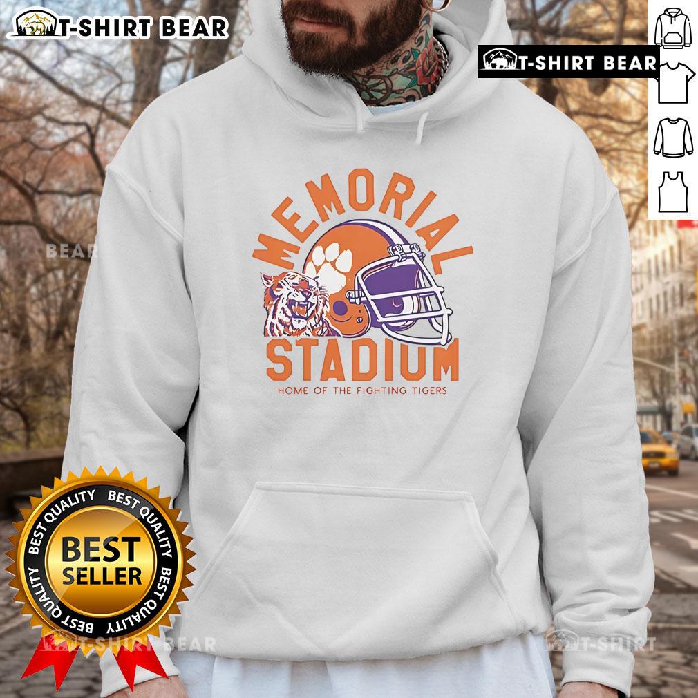 Alt Text: Cozy hoodie featuring the Top Memorial Stadium logo, home of the Fighting Tigers football team, perfect for fans.