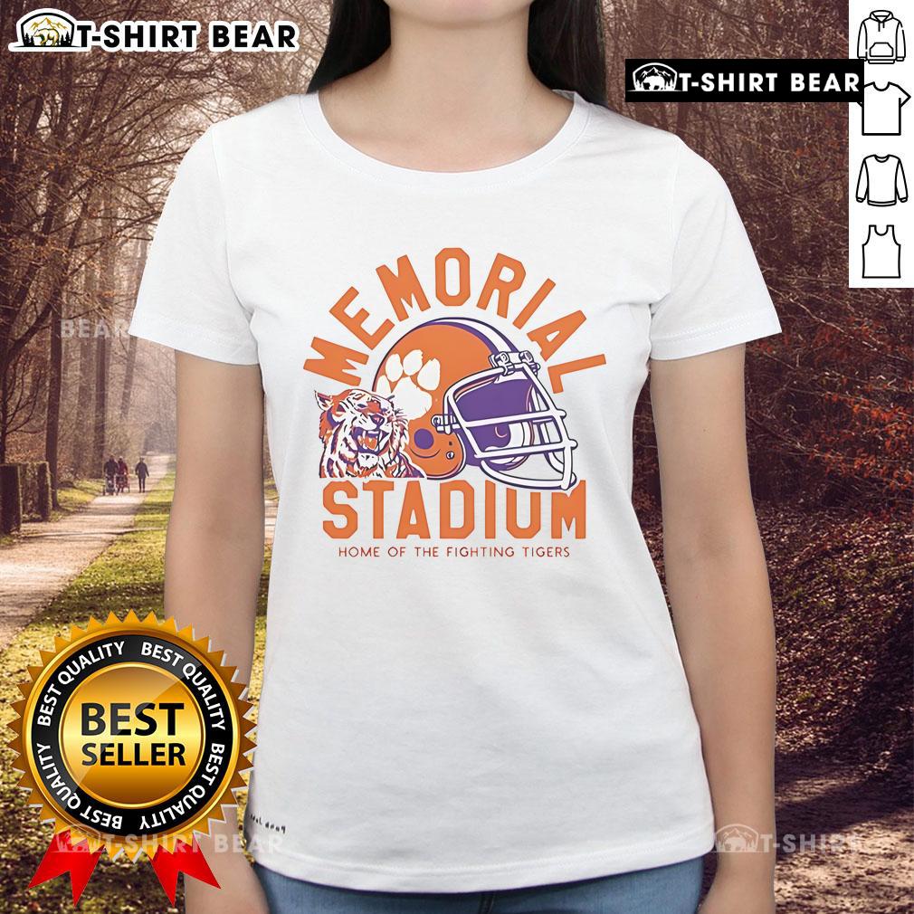 Alt Text: Top Memorial Stadium, home of the Fighting Tigers football, featuring a stylish ladies' tee in vibrant colors.