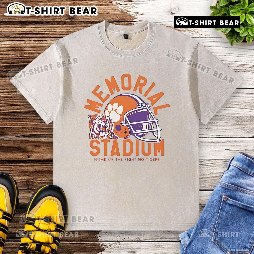 Alt Text: Top Memorial Stadium home of the Fighting Tigers football washed t-shirt showcasing team pride and comfort.