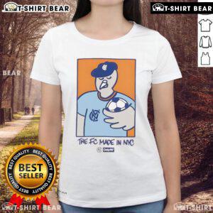 Top NYCFC Pigeon mascot featured on FC Made In NYC ladies tee, perfect for soccer fans and stylish casual wear.