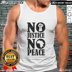 Fashionable 'No Justice No Peace Africa' tank top featuring bold graphics, perfect for activism and casual wear.