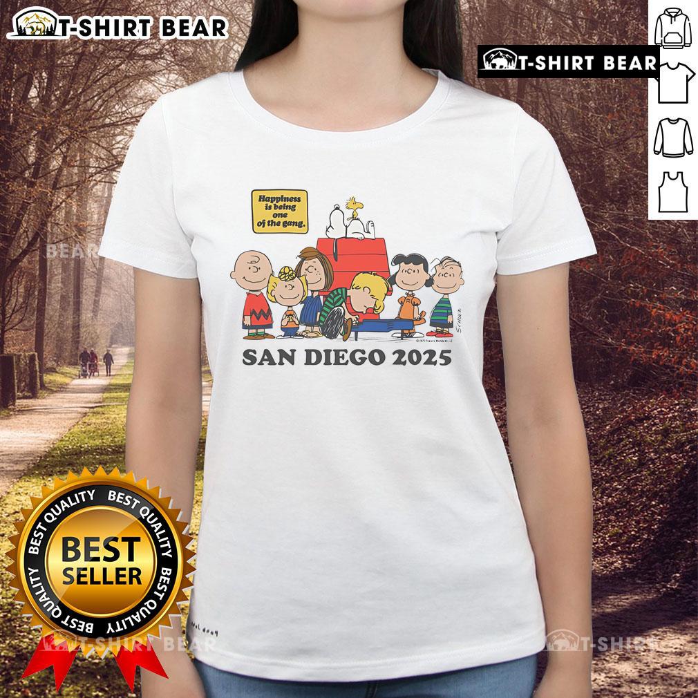 Top Peanuts Happiness is Being One of the Gang San Diego 2025 ladies tee featuring vibrant graphics and a stylish design.