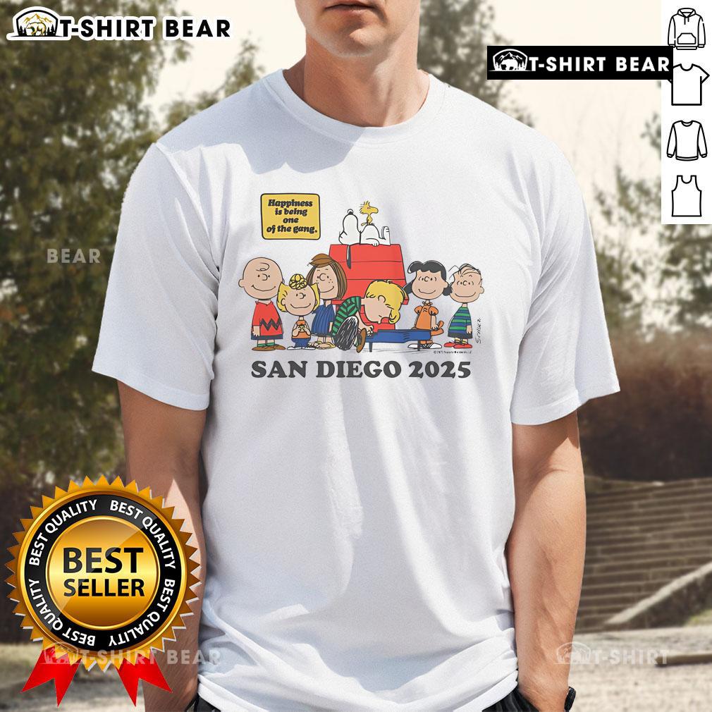 Alt Text: Top Peanuts Happiness Is Being One Of The Gang San Diego 2025 T-Shirt featuring iconic Peanuts characters in vibrant colors.