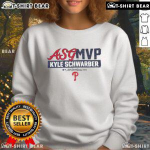 Alt Text: Kyle Schwarber wearing a 'Top Philadelphia Phillies ASG MVP' sweatshirt at the 2025 All-Star Game, showcasing team pride.