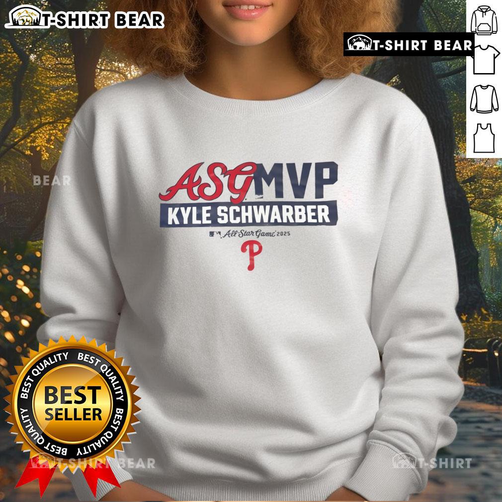Alt Text: Kyle Schwarber wearing a 'Top Philadelphia Phillies ASG MVP' sweatshirt at the 2025 All-Star Game, showcasing team pride.