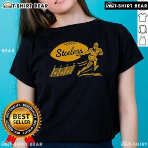 Alt Text: Vintage ladies' tee showcasing the top Pittsburgh Steelers football score, perfect for fans and collectors.