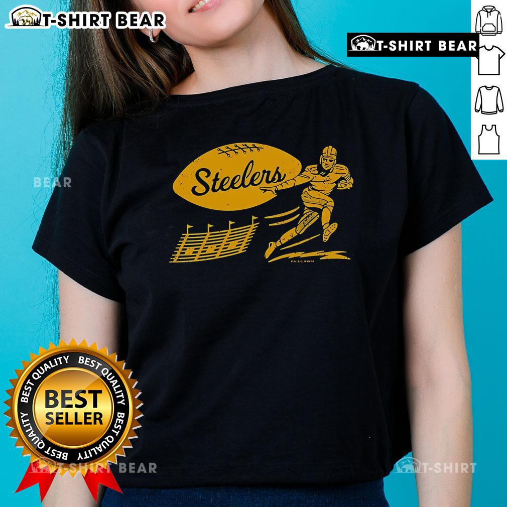 Alt Text: Vintage ladies' tee showcasing the top Pittsburgh Steelers football score, perfect for fans and collectors.