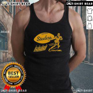 Alt Text: Vintage tank top featuring the Pittsburgh Steelers logo and football score, perfect for fans and casual wear.
