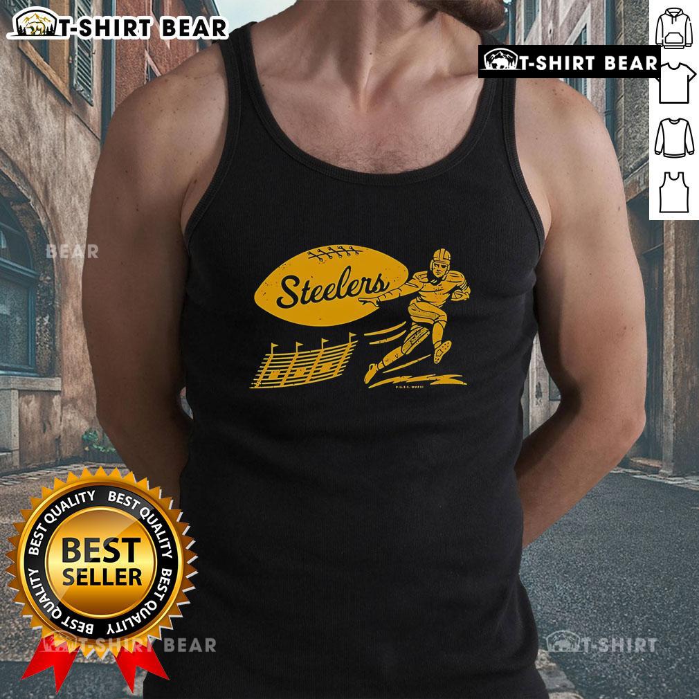 Alt Text: Vintage tank top featuring the Pittsburgh Steelers logo and football score, perfect for fans and casual wear.