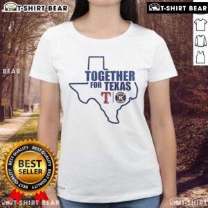 Alt Text: Top Pray For Texas Rangers Houston Texas logo map on a ladies tee, showcasing team spirit and local pride.