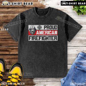 Top Proud American Firefighter Washed T-Shirt featuring a bold firefighter graphic and patriotic colors.