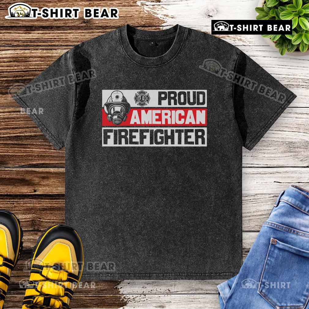 Top Proud American Firefighter Washed T-Shirt featuring a bold firefighter graphic and patriotic colors.