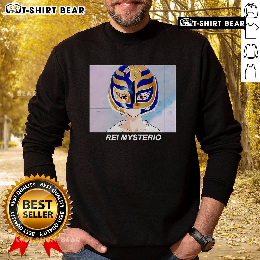 Alt Text: Top Rei Mysterio Rei Ayanami anime sweatshirt featuring vibrant graphics and a cozy design for fans.
