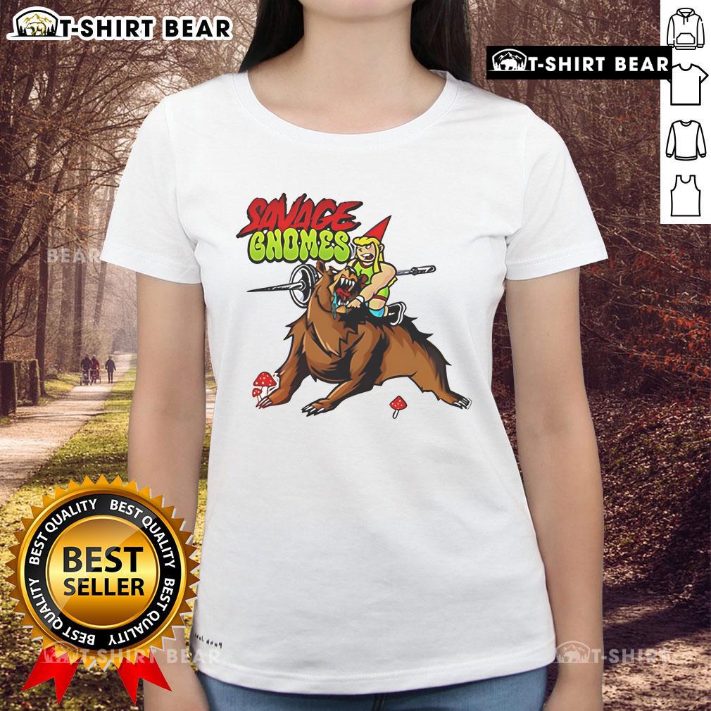Top Savage Gnomes Ladies Tee featuring a fun gnome graphic, perfect for quirky fashion lovers and gnome enthusiasts.