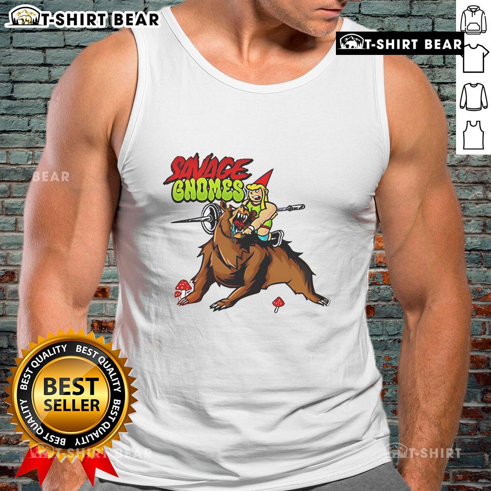 Top Savage Gnomes Tank Top featuring colorful gnome graphics, perfect for casual summer wear and gnome enthusiasts.