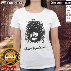 Self-portrait of Shane MacGowan on a ladies tee, showcasing artistic style and iconic musician's essence.