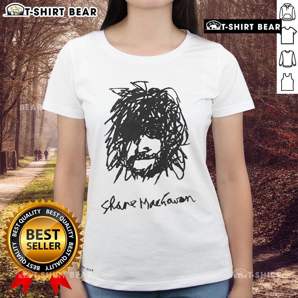 Self-portrait of Shane MacGowan on a ladies tee, showcasing artistic style and iconic musician's essence.