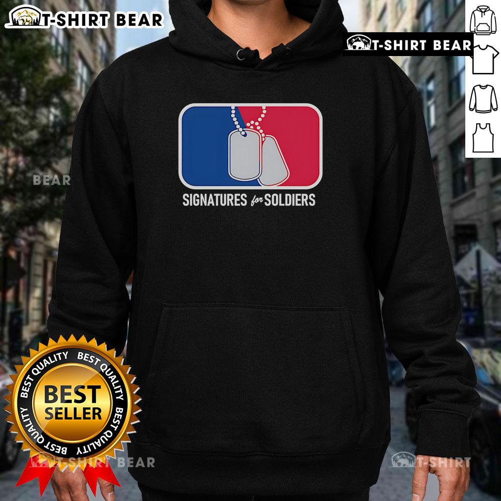 Alt Text: Cozy hoodie featuring top signatures for soldiers' dog tags, perfect for honoring military service and style.
