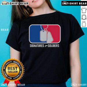 Stylish ladies tee featuring top signatures for soldiers dog tags, perfect for military pride and casual wear.