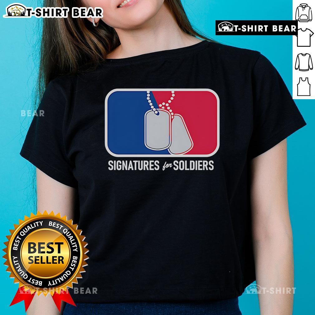 Stylish ladies tee featuring top signatures for soldiers dog tags, perfect for military pride and casual wear.