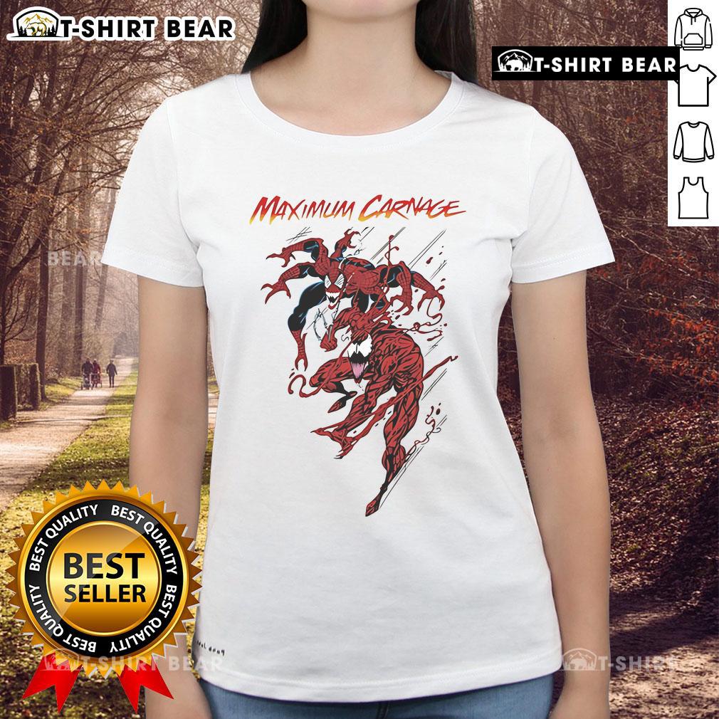 Stylish Top Spiderman and Venom Maximum Carnage Ladies Tee featuring vibrant graphics and a comfortable fit for fans.