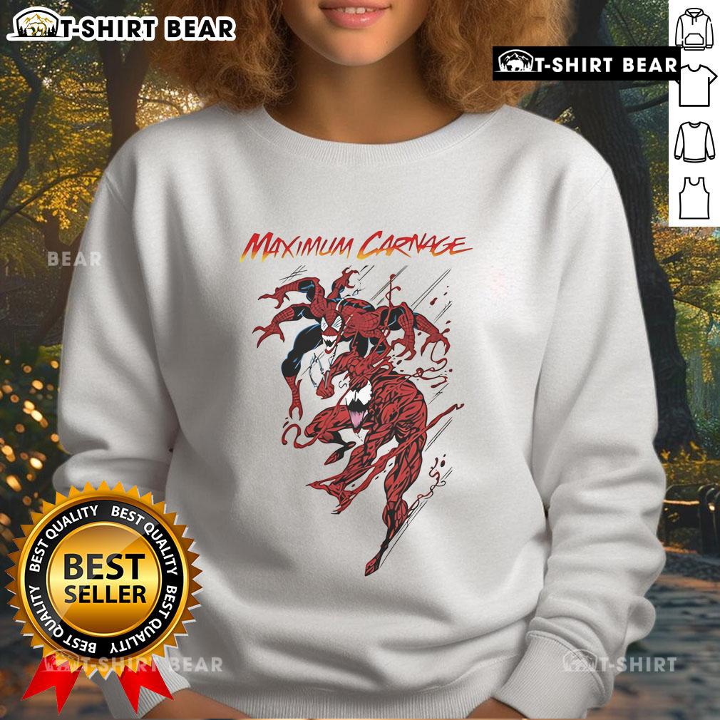 Alt Text: Top Spiderman and Venom Maximum Carnage sweatshirt featuring vibrant graphic design and comfortable fit for fans.