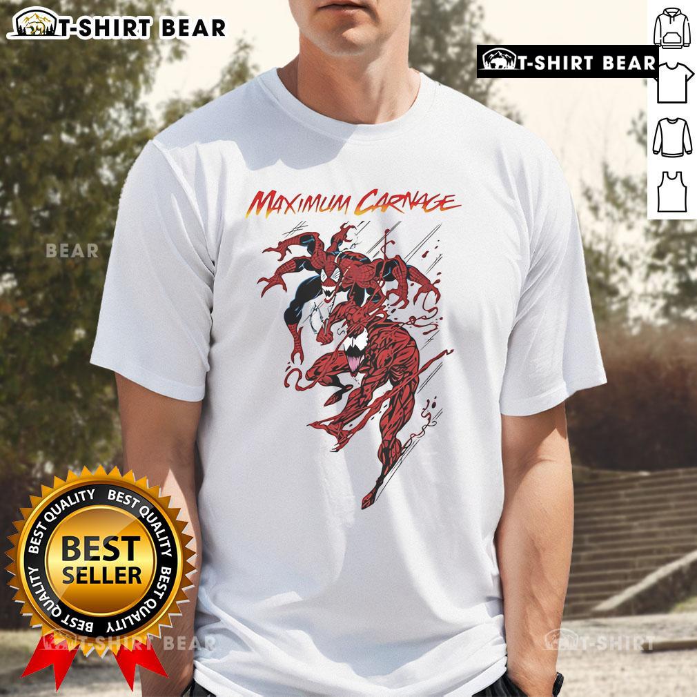 Top Spiderman and Venom Maximum Carnage T-Shirt featuring vibrant artwork of Spiderman and Venom in action.