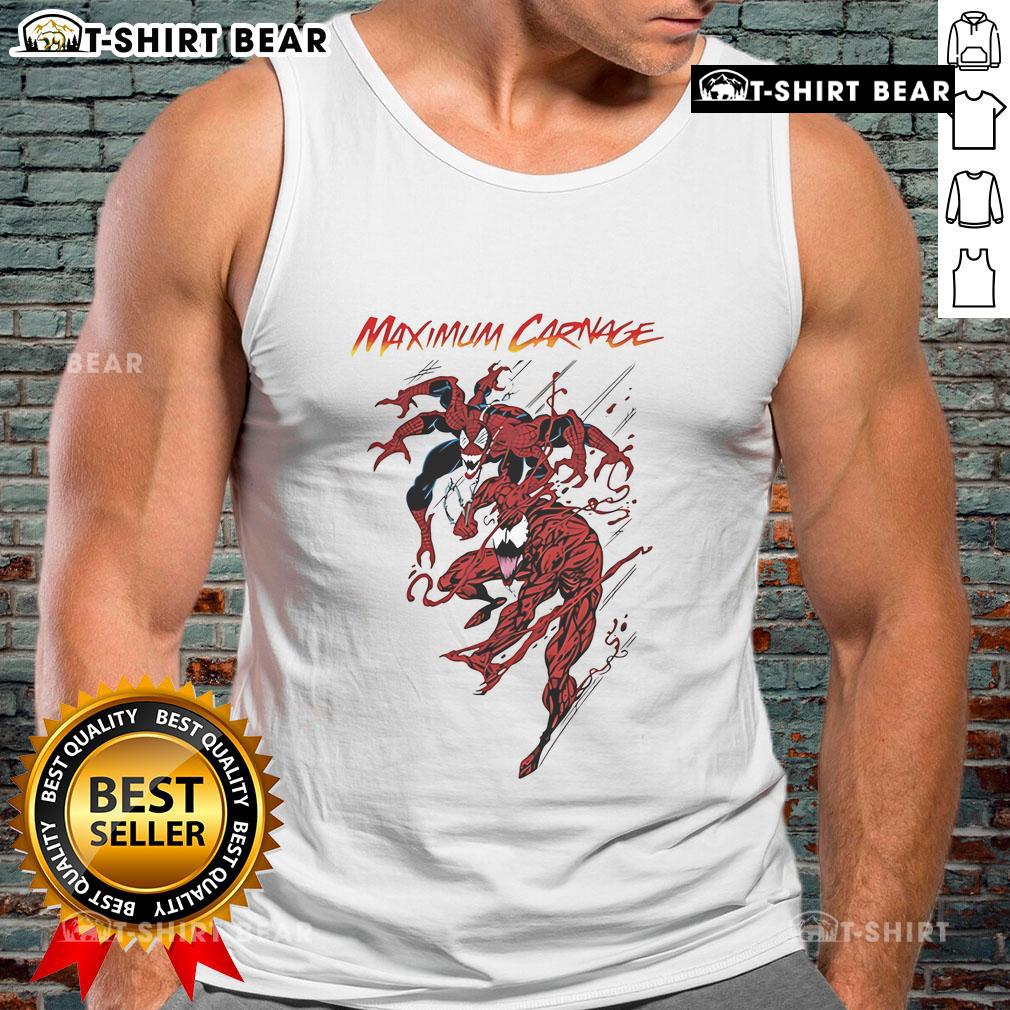 Alt Text: Top Spiderman and Venom Maximum Carnage tank top featuring vibrant comic art design, perfect for fans and collectors.