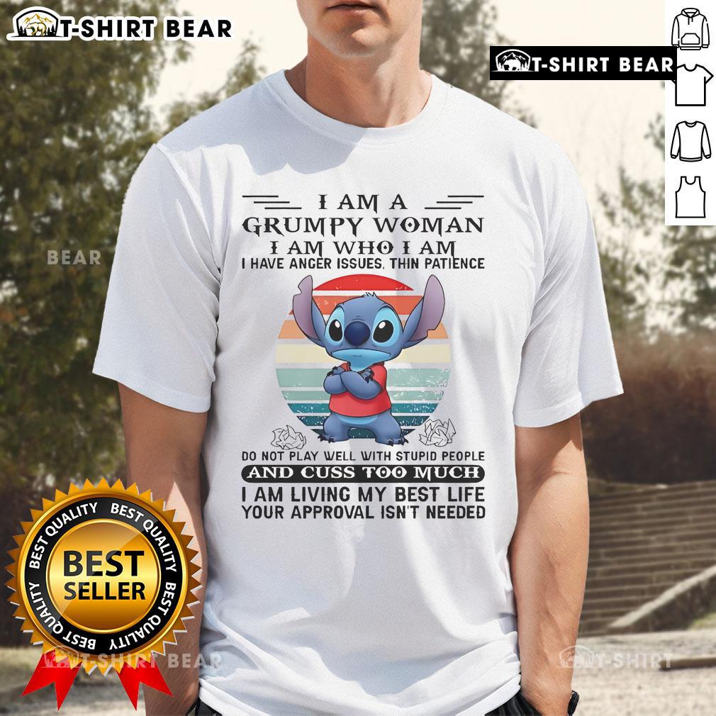 Top Stitch I Am Grumpy Woman T-Shirt featuring bold text about embracing anger issues and individuality.