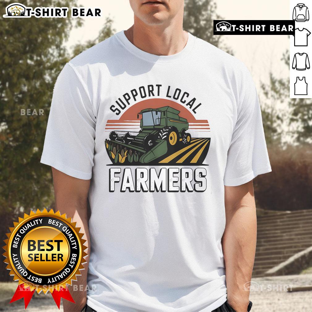 Tractor T-shirt featuring 'Support Local Farmers' slogan, perfect for agriculture enthusiasts and eco-friendly advocates.