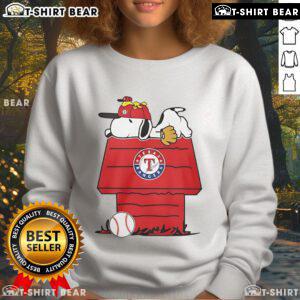 Cozy Top Texas Rangers Snoopy Woodstock house sweatshirt featuring vibrant graphics, perfect for fans and casual wear.
