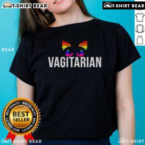 Top Vagitarian Cat Rainbow Ladies Tee featuring a colorful cat design, perfect for vibrant and fun women's fashion.