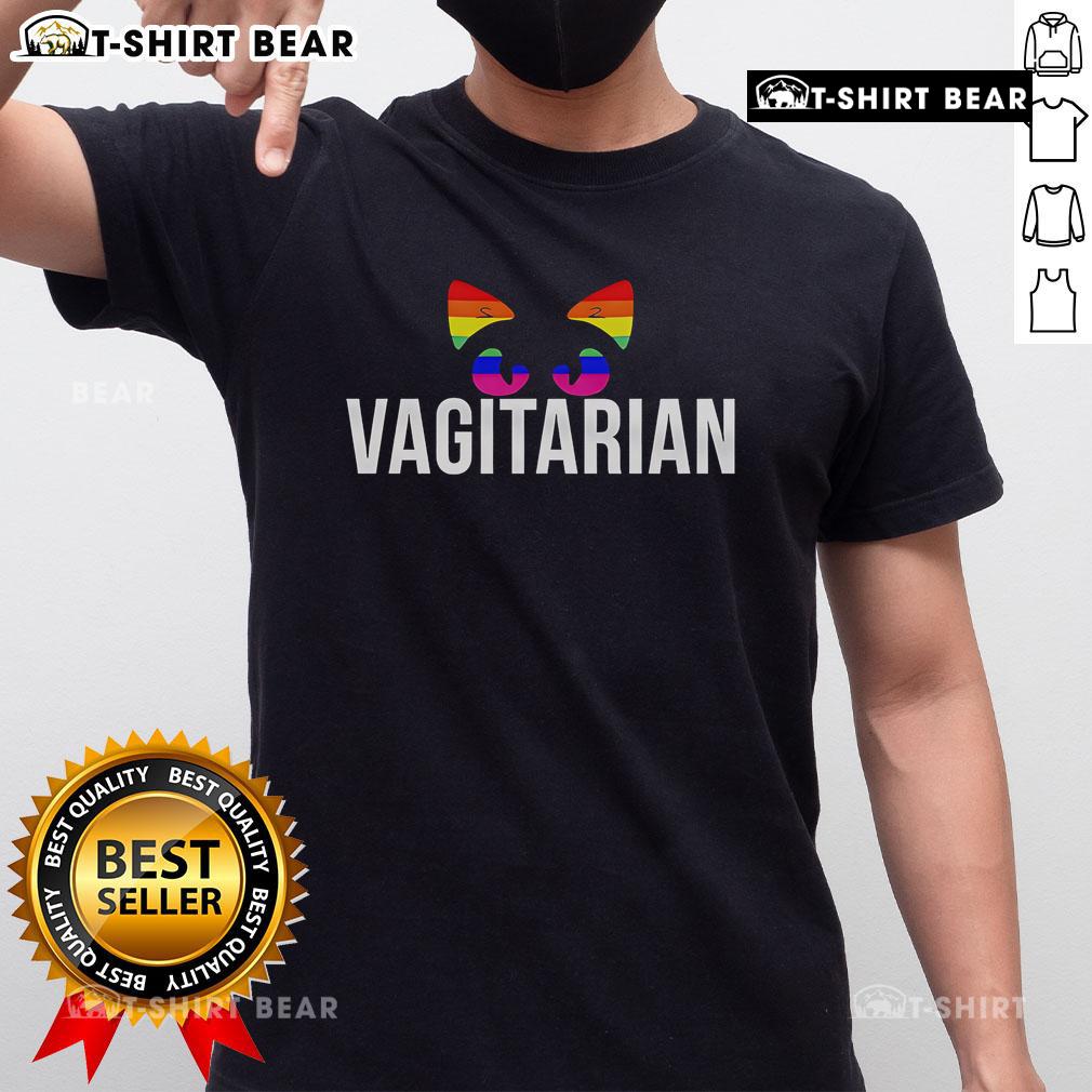 Colorful 'Top Vagitarian Cat Rainbow T-Shirt' featuring a playful cat design, perfect for cat lovers and vegans.