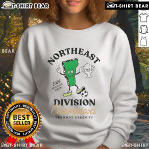 Alt Text: Top Vermont Green FC 2025 Northeast Division Champions sweatshirt featuring team logo and stylish design.