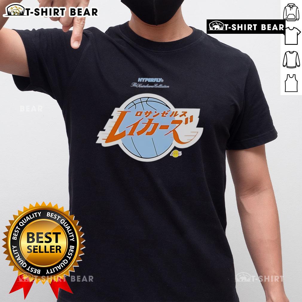 Alt Text: Awesome Los Angeles Lakers Hyperfly Katakana 2025 All-Star Game T-Shirt featuring vibrant team colors and stylish design.