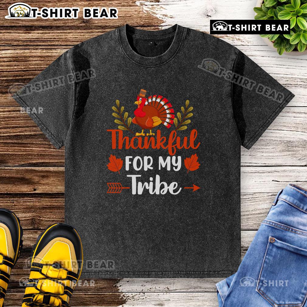 Awesome Thankful For My Tribe Thanksgiving Turkey T-Shirt in a vibrant design, perfect for holiday celebrations.