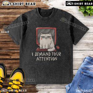 Cute cat on keyboard demanding attention, wearing a stylish washed t-shirt, perfect for cat lovers and shirt enthusiasts.