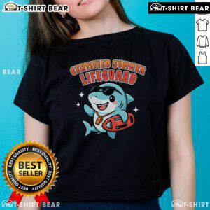 Cute Certified Summer Lifeguard Shark Ladies Tee featuring a playful shark design perfect for beach lovers.