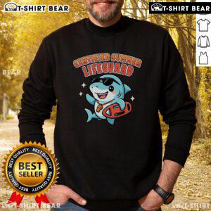 Alt Text: Cute certified summer lifeguard shark sweatshirt design featuring a playful shark and vibrant colors for beach lovers.