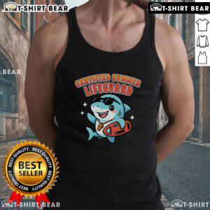 Alt Text: Cute certified summer lifeguard shark tank top featuring a playful shark graphic, perfect for beach days and pool parties.