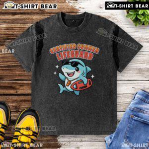 Cute certified summer lifeguard shark washed t-shirt featuring a playful shark design perfect for beach lovers.