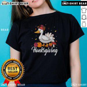 Alt Text: Cute Honksgiving funny goose Thanksgiving ladies tee featuring a whimsical goose design perfect for holiday celebrations.