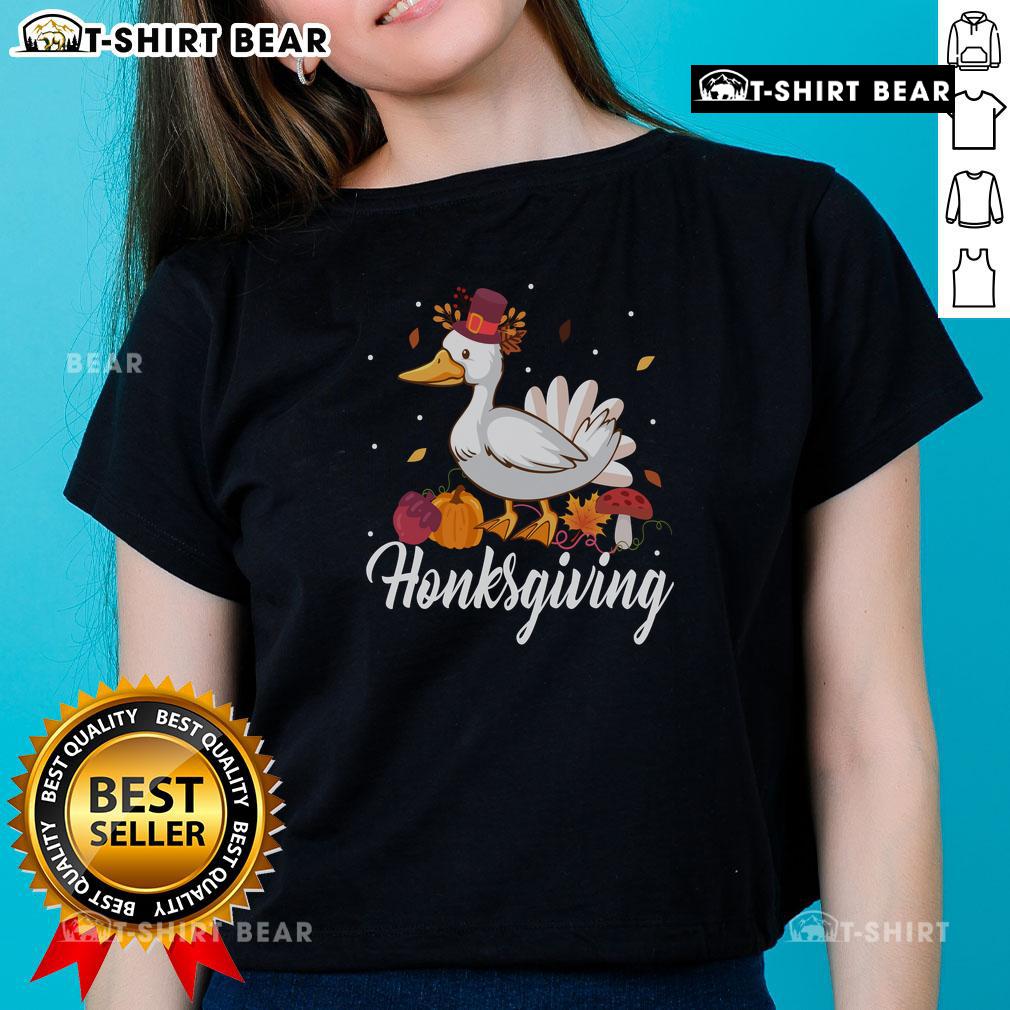 Alt Text: Cute Honksgiving funny goose Thanksgiving ladies tee featuring a whimsical goose design perfect for holiday celebrations.